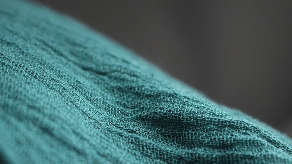 Zbliżenie na niebieski sweter z widoczną teksturą materiału, leżący na płaskiej powierzchni.